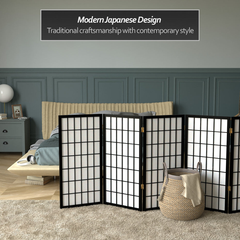 3' Tall Window Pane Shoji Screen, Black, 6 Panels