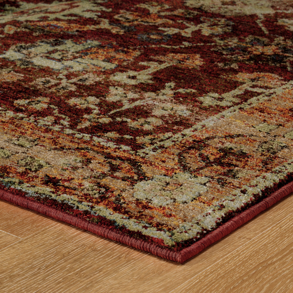 Adeline Distressed Bordered Red and  Gold Area Rug, 2'3"x8'