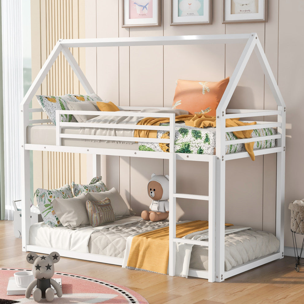 Gewnee Metal Twin Over Twin Bunk Bed House Bed in White