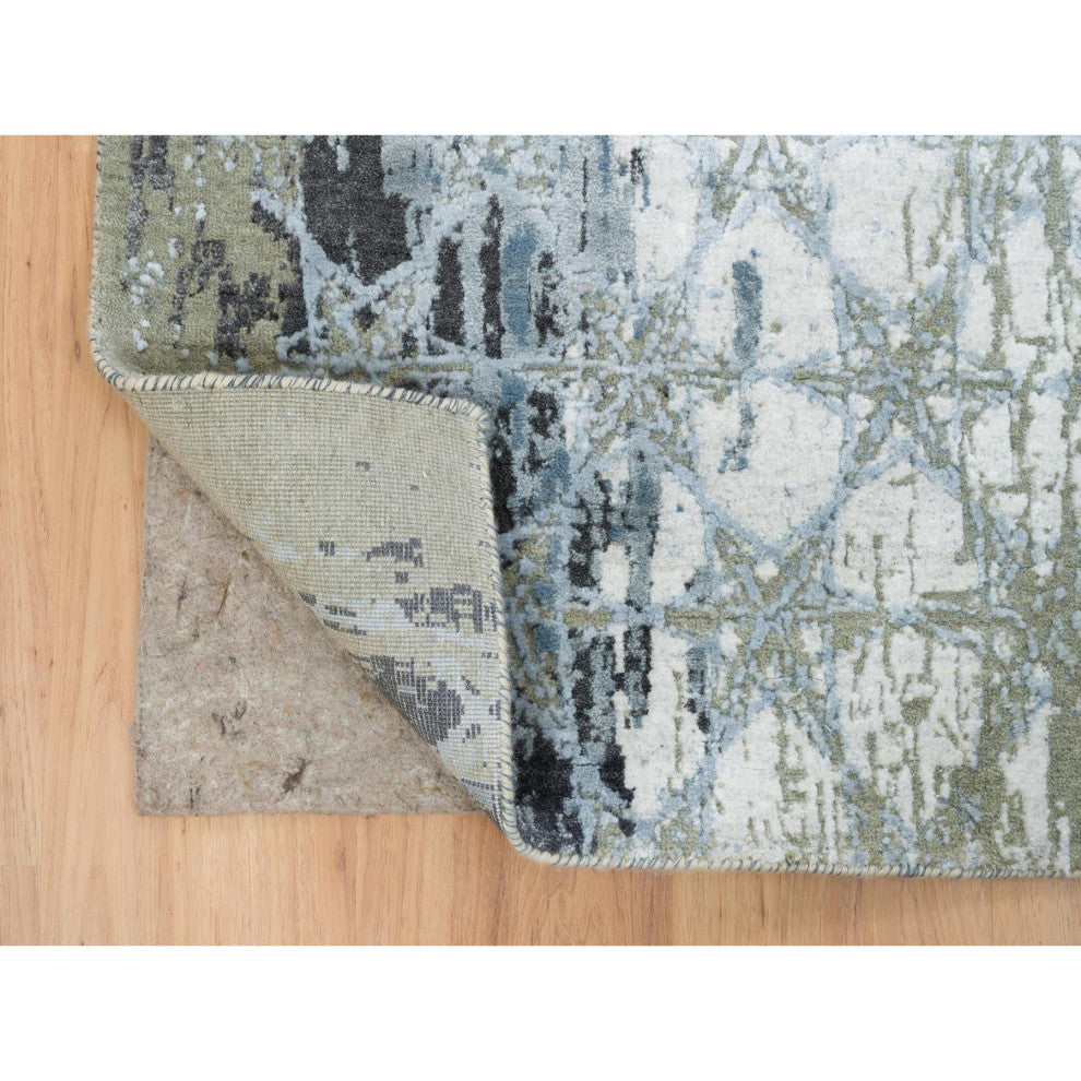 Gray, Wool and Silk THE HONEYCOMB Design, Hand Knotted Runner Rug, 2'6"x10'1"