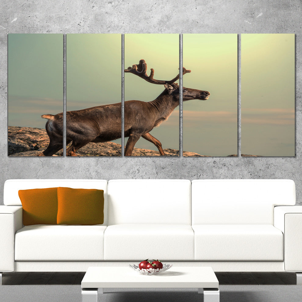 Reindeer on Top of the Mountain, Animal Canvas Art Print, 60"x28", 5 Panels