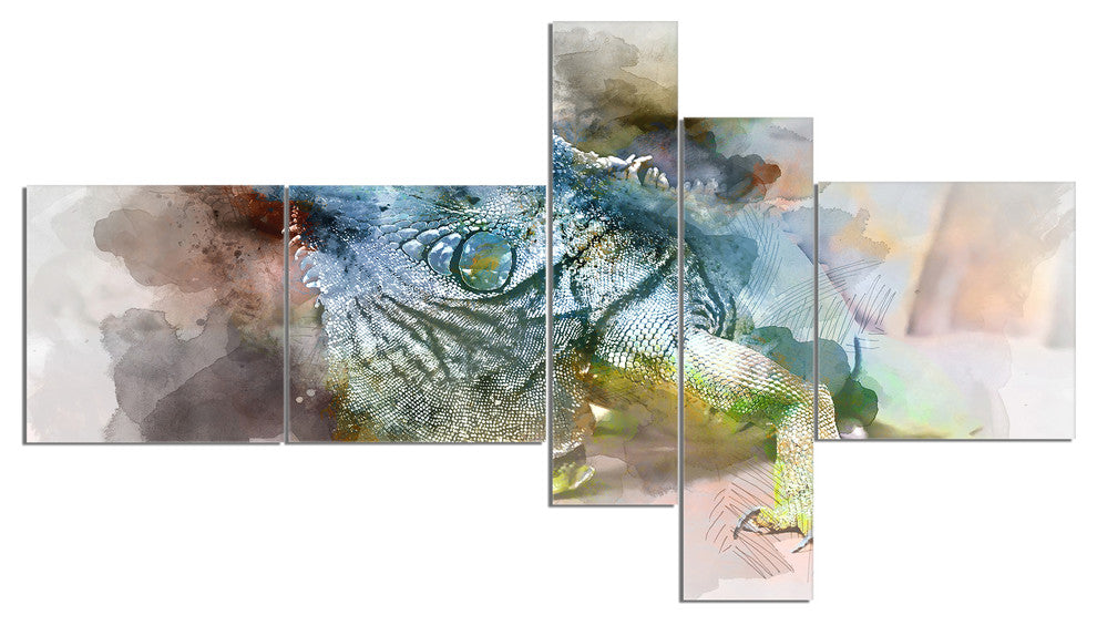 Green Iguana Close Up Painting, Abstract Canvas Artwork, 60"x32", 5 panels