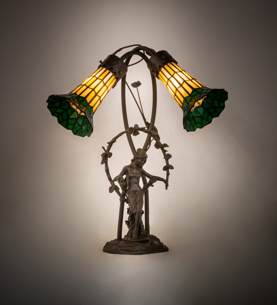 17 High Stained Glass Pond Lily 2 Light Trellis Girl Table Lamp