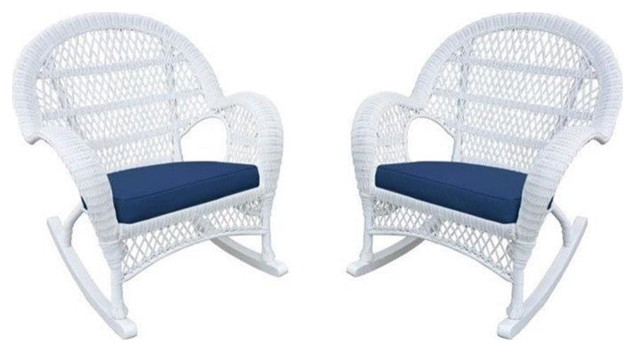 Jeco Wicker Rocker Chair in White with Blue Cushion (Set of 4)