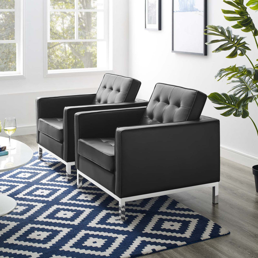Tufted Armchair Accent Chair, Set of 2, Faux Leather, Silver Black, Modern