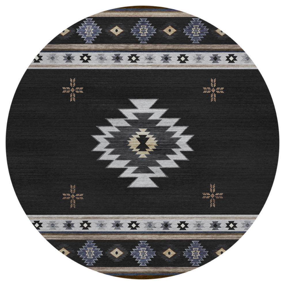 Indoor/Outdoor Phoenix PH4 Black Machine Washable 8' x 8' Round Rug
