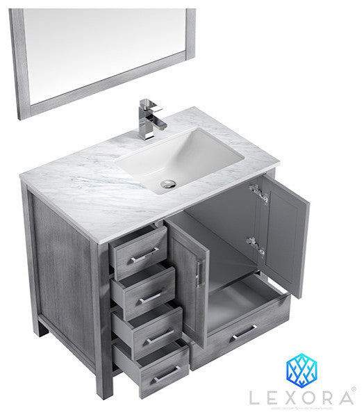 Jacques 36" Vanity, Wht Carrara Marble Top w/ 34" Mirror, Distressed Grey, Right