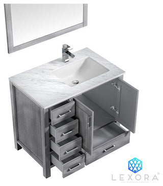 Jacques 36" Vanity, Wht Carrara Marble Top w/ 34" Mirror, Distressed Grey, Right