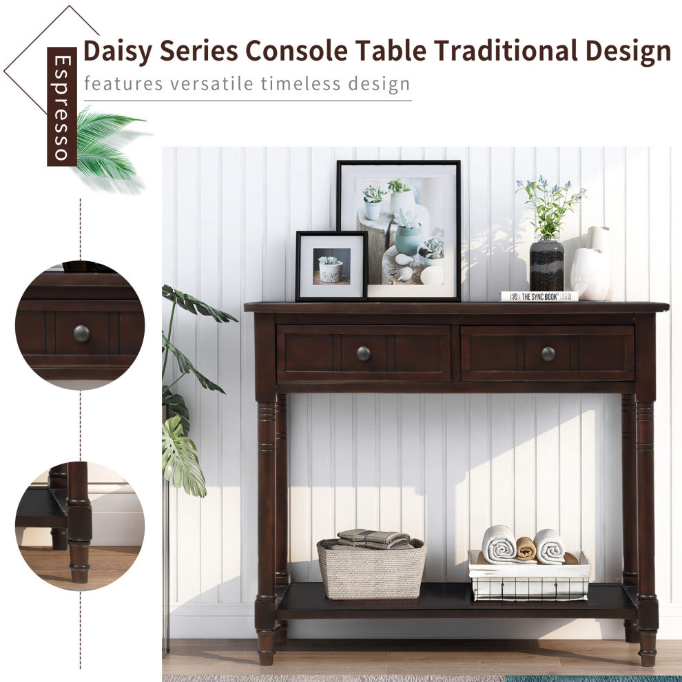 TATEUS Espresso Finish Solid Wood Console Table With Drawers, Espresso