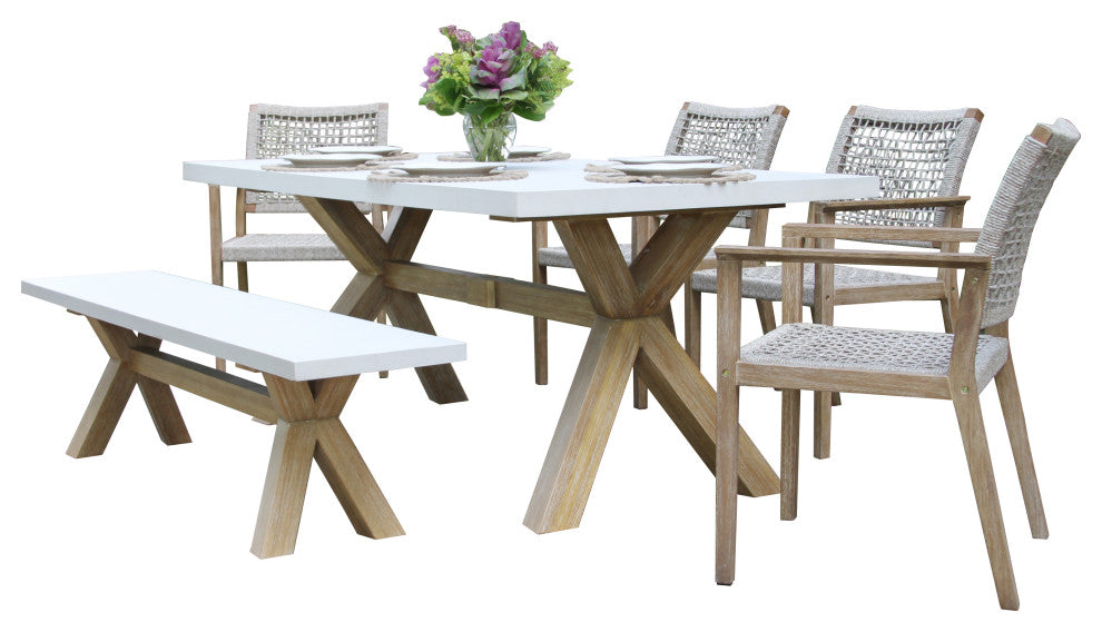 6-Piece Ivory Composite and Eucalyptus Wash Dining Set With Bench