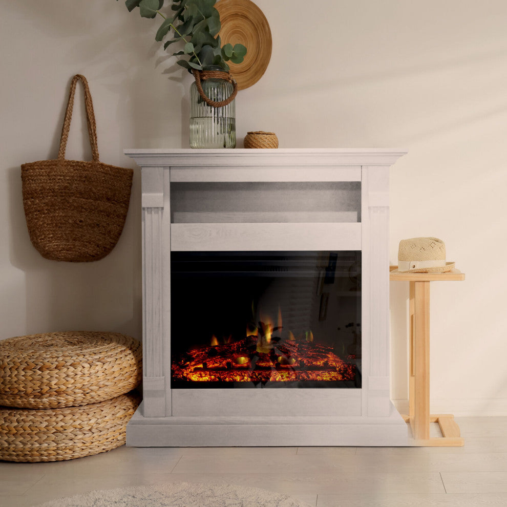 Sienna 34" Electric Fireplace Heater With Mantel, Multicolor Flames, White
