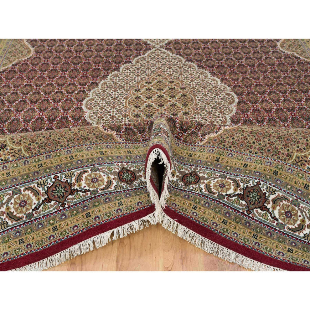 Mahogany Red Tabriz Mahi 175 KPSI Wool Hand Knotted Oriental Rug, 10'x13'10"