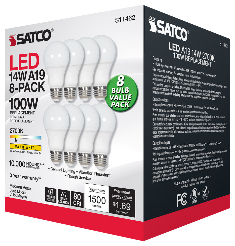 14W A19 LED, 2700K, Non-Dimmable, E26, 80 CRI, 8-Pack