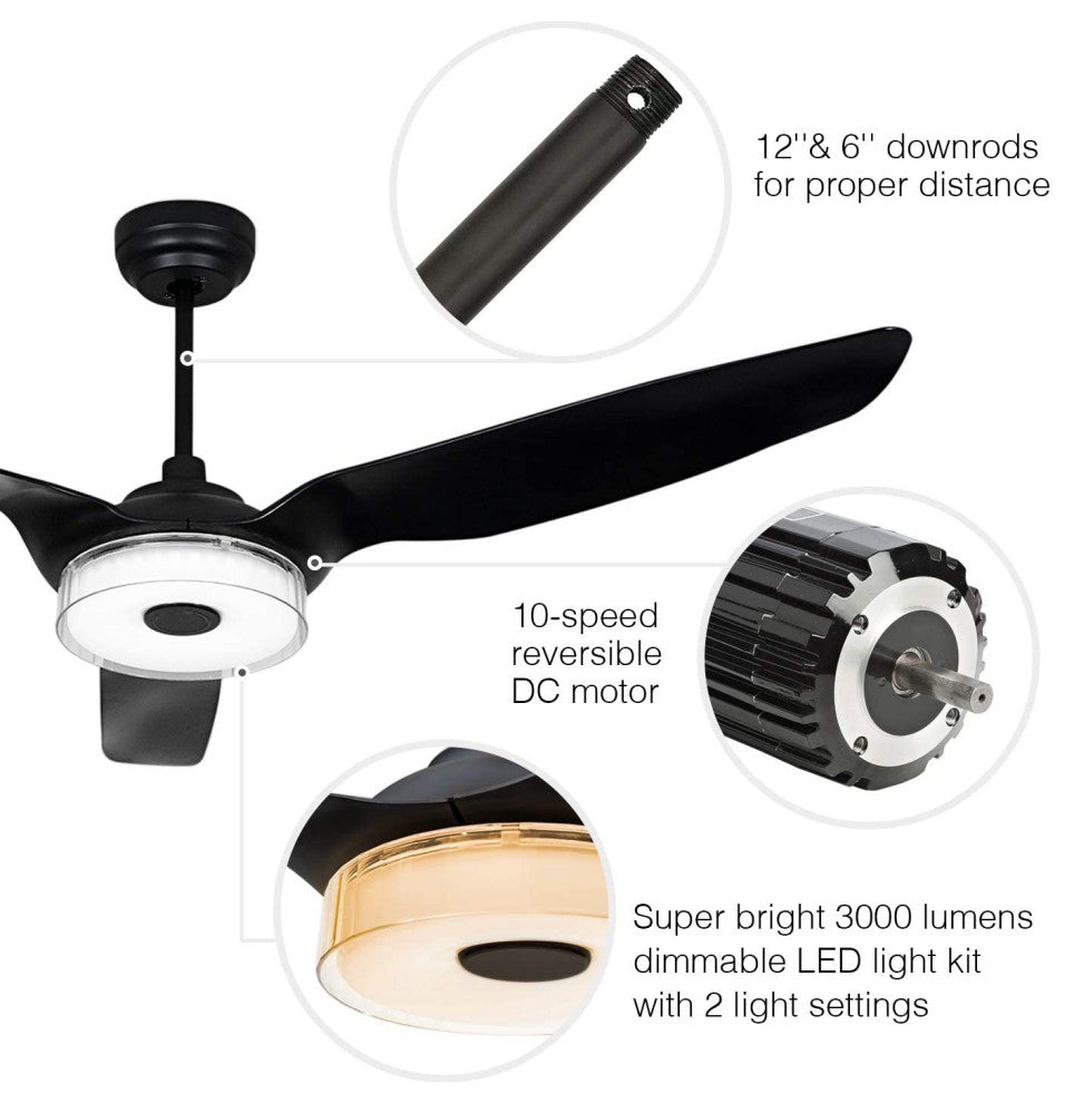 Carro Smart Voice Control Ceiling Fan with Dim LED Light and Remote 10-speed, Black, 60 in