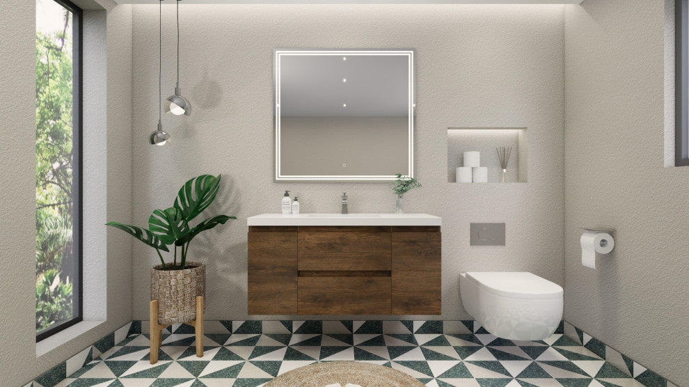 Belli 48" Wall Mounted Single Bathroom Vanity Set, Rosewood, Glossy White Top