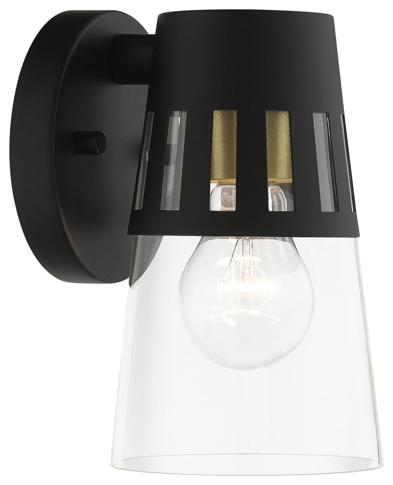 Covington 1-Light Black Outdoor Small Wall Lantern, Soft Gold Accents