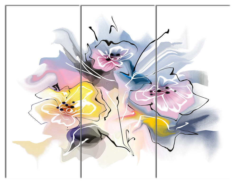 Textured Floral Drawing, Extra Large Floral Wall Art, 36x28, 3 Panels