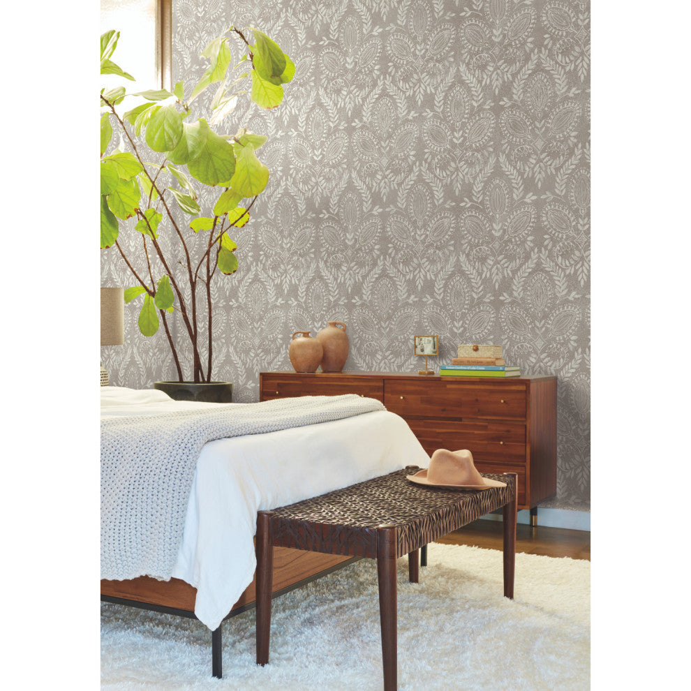 Brown Laurel Damask Wallpaper