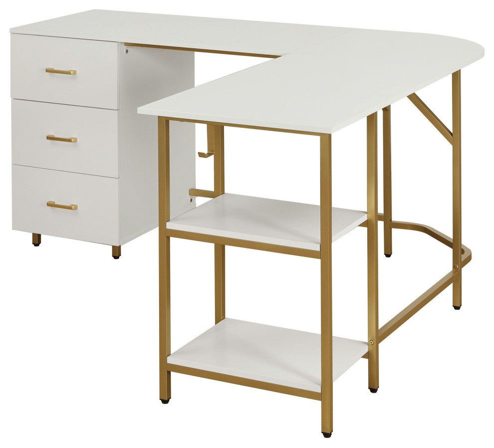 Techni Mobili L-Shape Home Office Two-Tone Desk with Storage, Gold