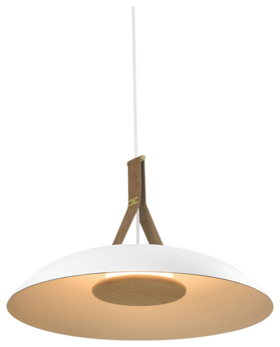 Volo LED Pendant, Blanc, White/Brushed Brass/Tan Leather/White Washed Oak, 2700K