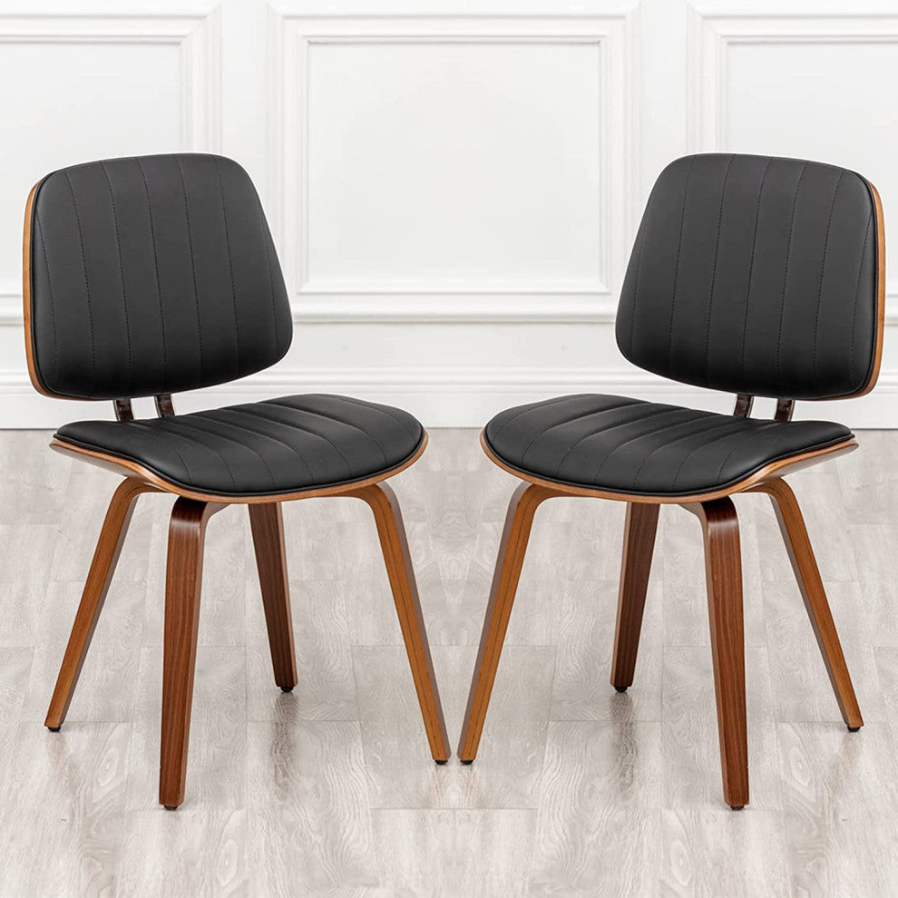 Mid Century Modern Retro Faux Leather Dining Chair with Walnut Bentwood Set of 2