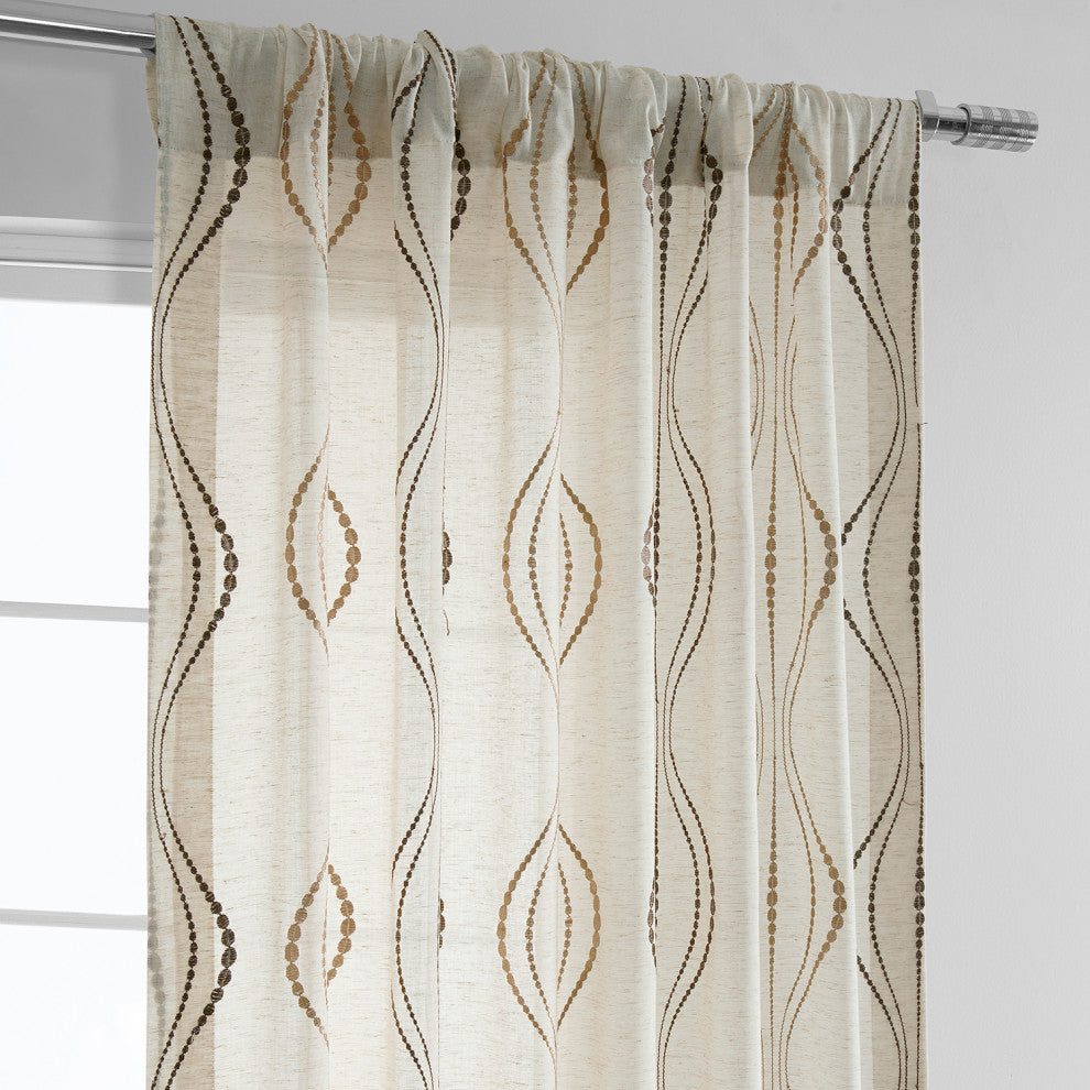 Suez Bronze Embroidered FauxLinen Sheer Curtain Single Panel, 50"x96"
