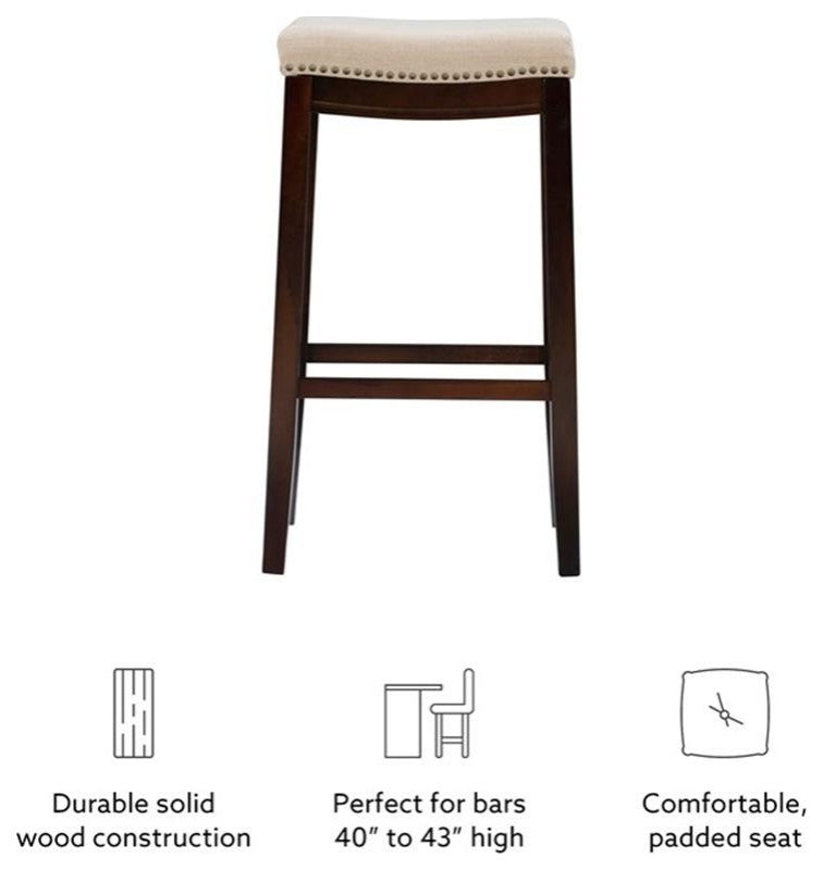 Linon Hampton Bar Stool Beige Padded Seat Wood Frame in Dark Walnut Brown