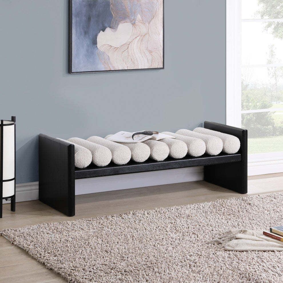 Waverly Boucle Fabric Upholstered Bench, Cream, 52" Wide, Black Finish