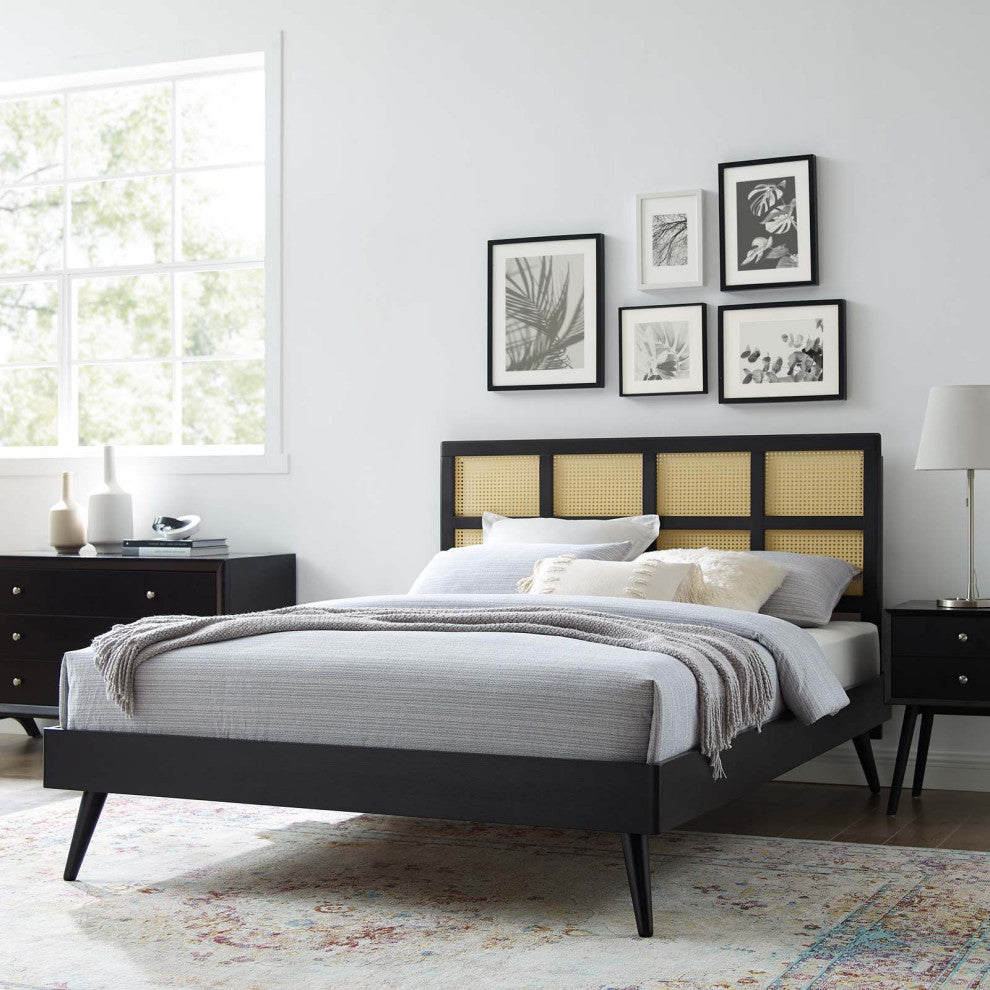 Platform Bed Frame, King Size, Wood, Black, Modern Mid-Century, Bedroom Master