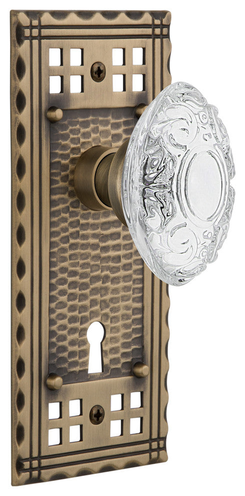 Craftsman Plate Single Dummy, Keyhole Crystal Victorian Knob, Antique Brass