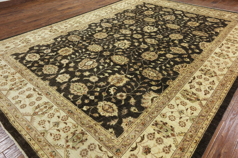 Peshawar Oriental Hand-Knotted Brown Oushak Chobi Wool Rug, 10'x14'