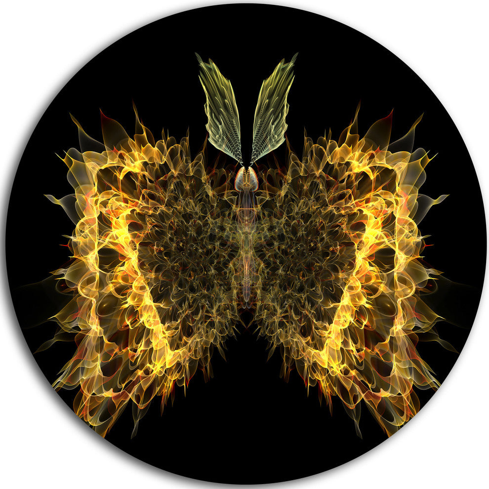 Golden Fractal Butterfly In Dark, Abstract Art Disc Metal Artwork, 38"