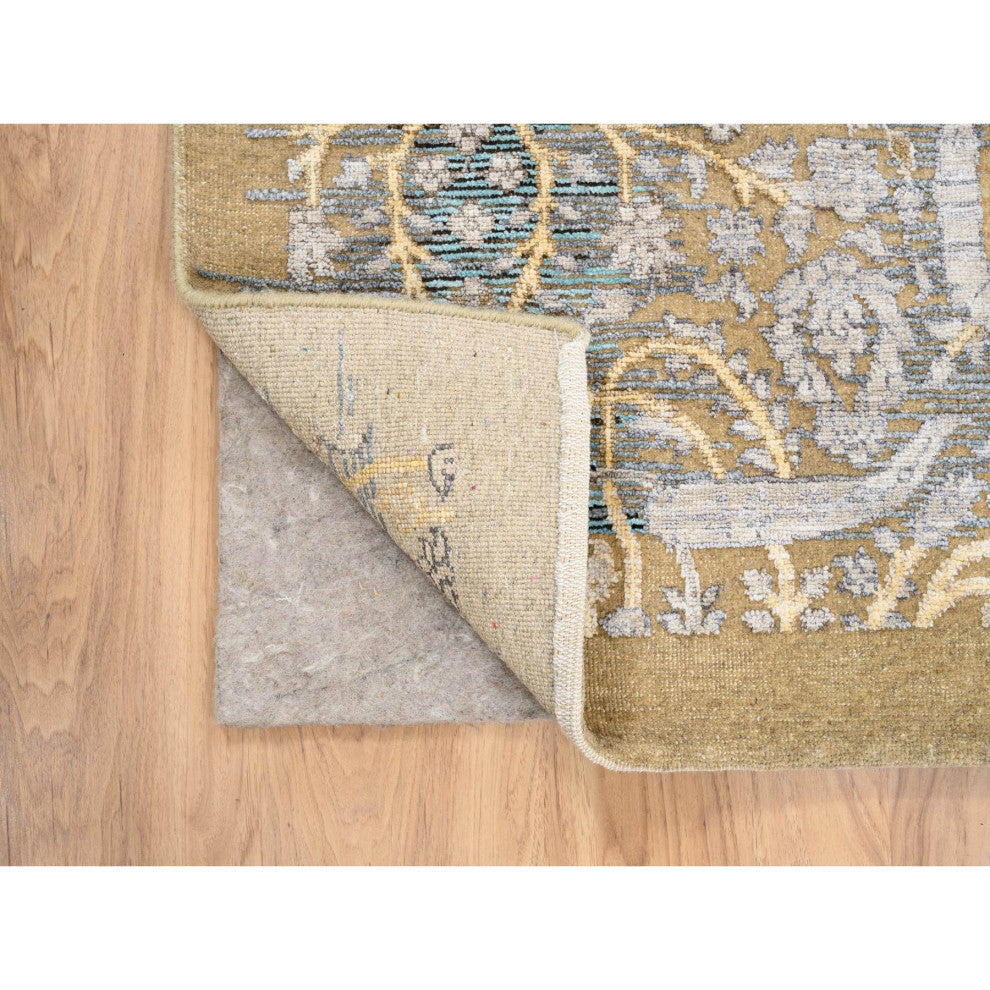 Honey Brown Hand Knotted Silk With Textured Wool Wide Runner Rug 4'2" x 10'0"