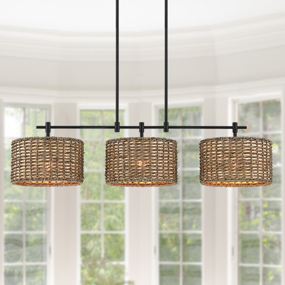 41"W 3-Light Black Farmhouse Rattan Island Light Linear Chandelier