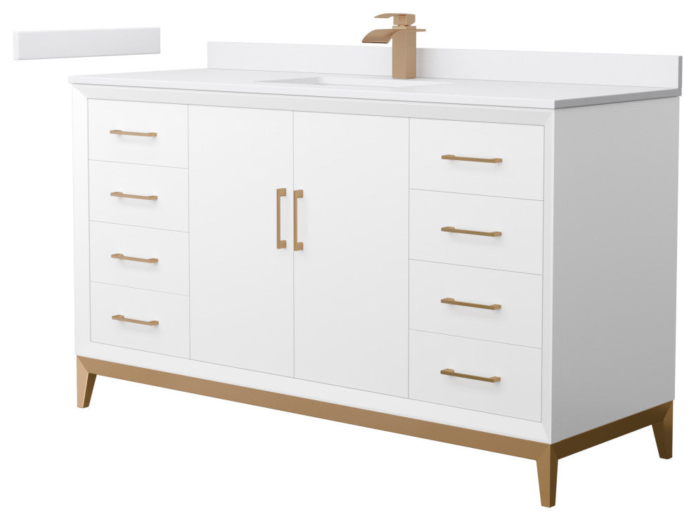 Amici 60" White Single Vanity, White Cultured Marble Top, Satin Bronze Trim