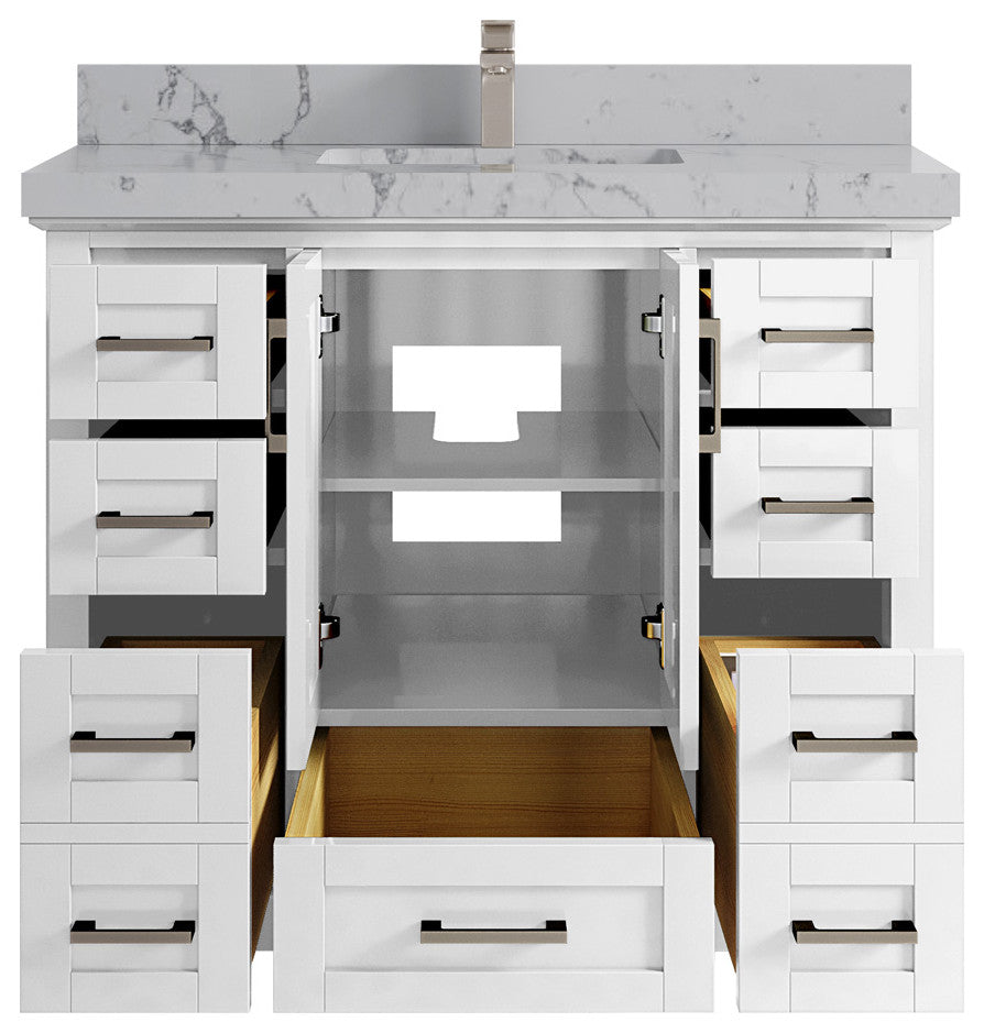 Boston 42 Single Sink Bath Vanity in White 2" Venatino Quartz