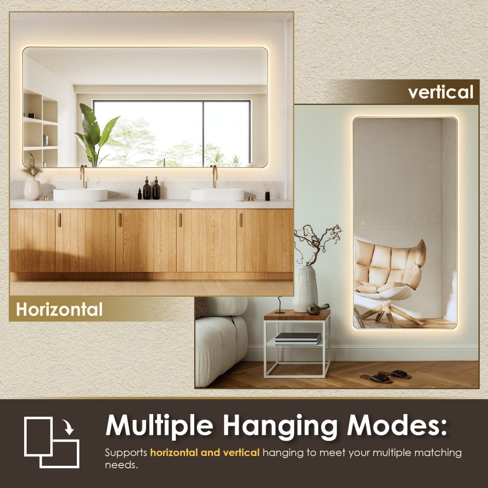 Dazzle Rectangular Bathroom/Vanity LED Lighted Wall Mirror, Brushed Gold, 84"