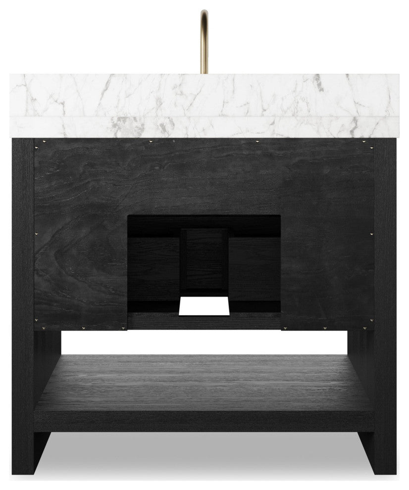 Anthem Single Vanity 36", Carrara Marble, Black Wash Oak Veneer, Brushed Brass
