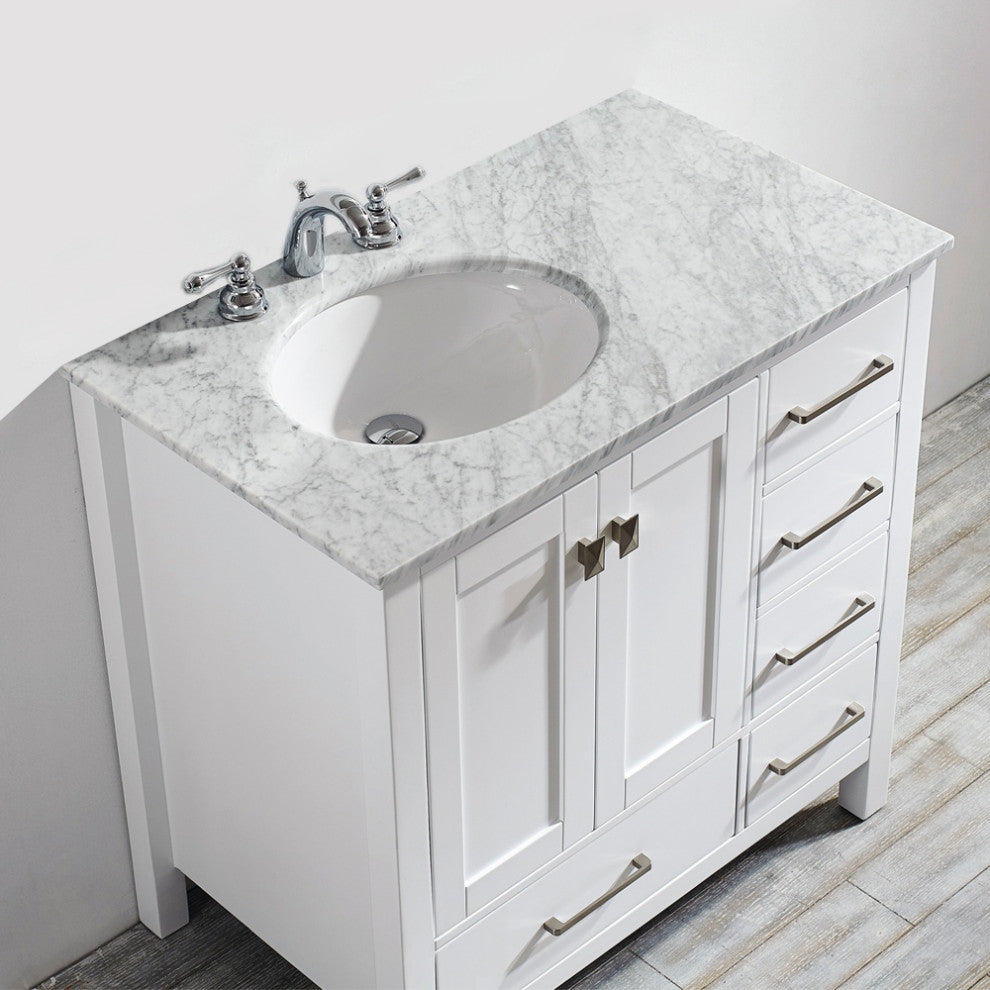 36" Single Vanity in White with Carrara White Marble Countertop Without Mirror