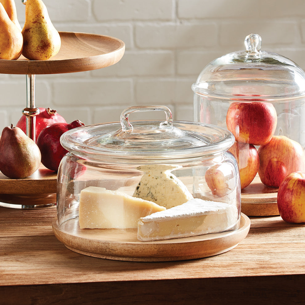 Round Farmhouse Glass Dome Wood Tray Base 12 x 9in Cloche Food Display Terrarium