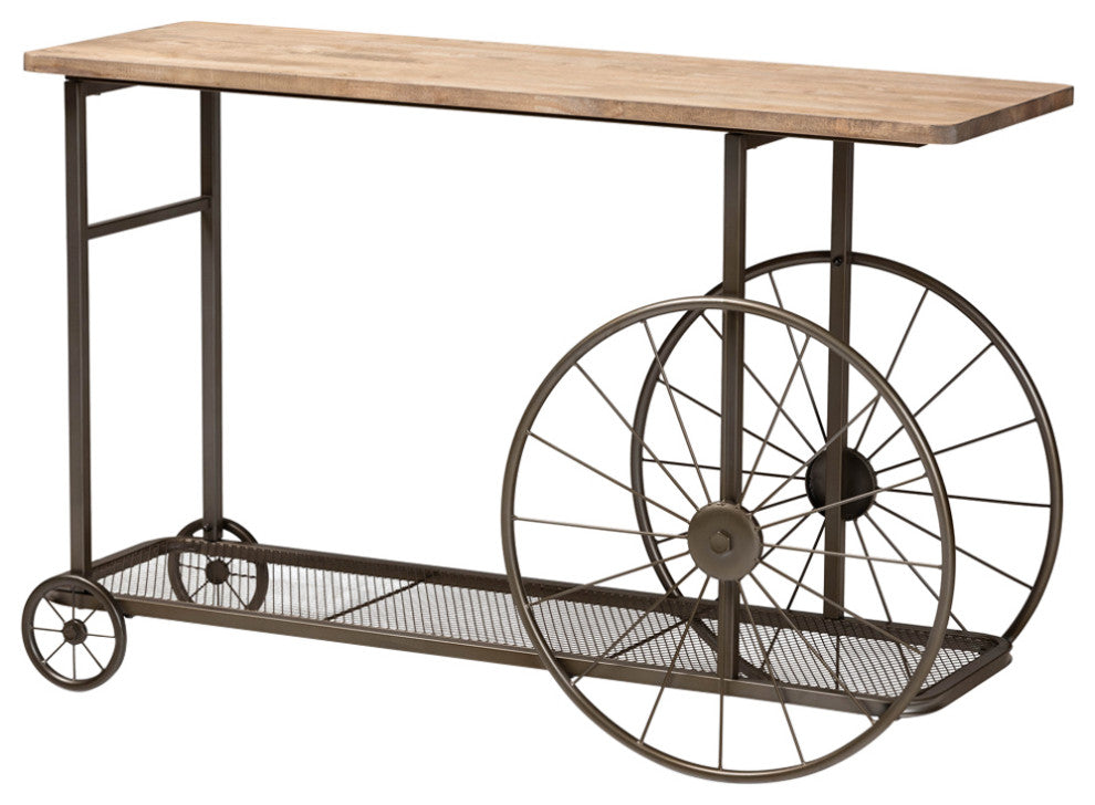 Leon Rustic Natural Wood and Black Metal Wheeled Console Table