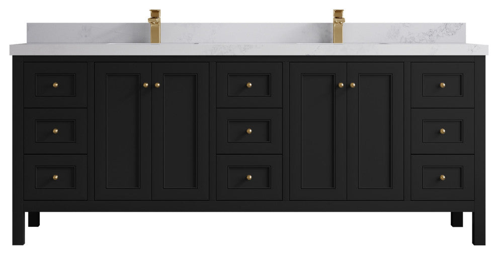 Nashville 84" Double Sink Bath Vanity, Black 2" Calacatta Nuvo