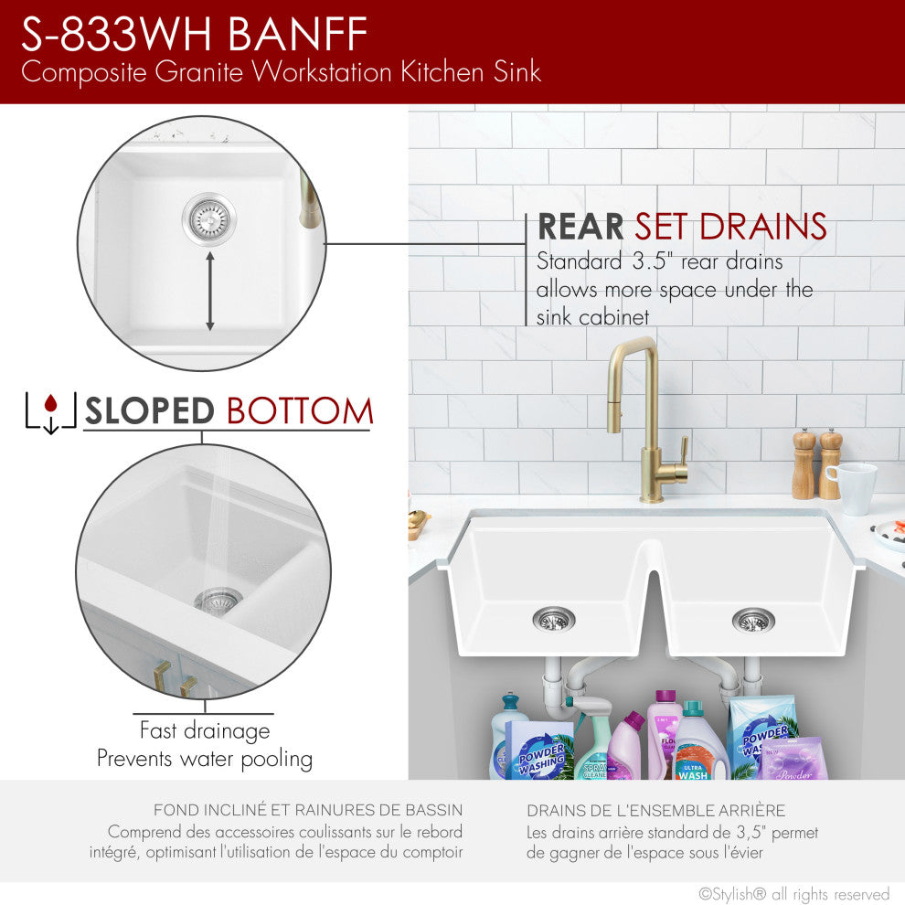 33" Dual Mount Workstation Double Bowl White Granite Kitchen Sink