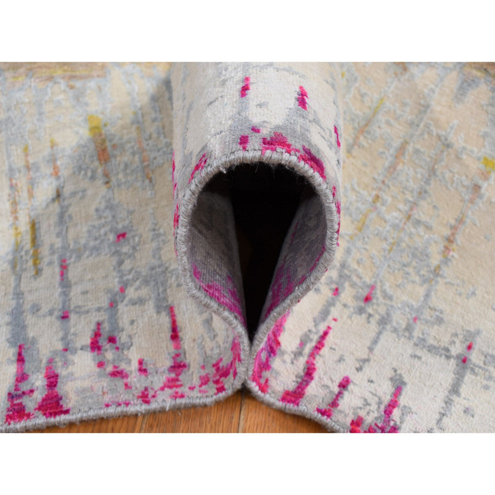 Cream Color The Cardiac Sari Silk With Textured Wool Hand Knotted Rug 8'x10'3"