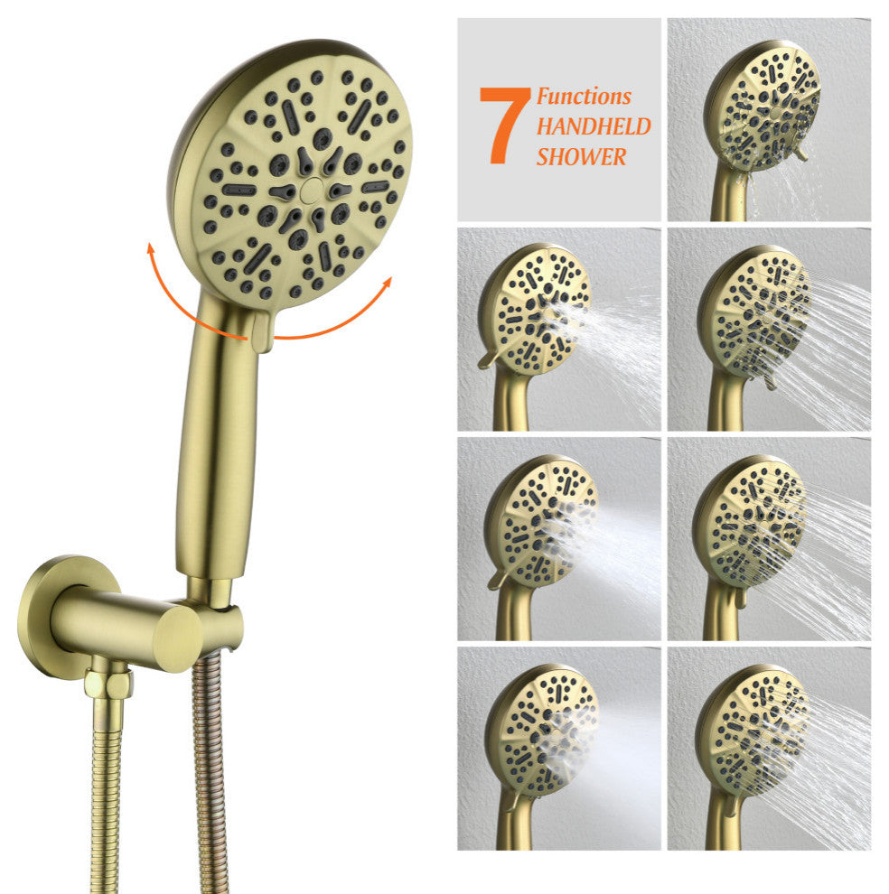 Wellfor Wall Mount Shower Faucet Set, Handheld Shower and Waterfall Spout, Brushed Gold