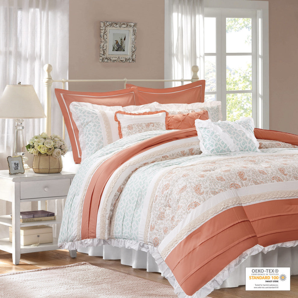 Madison Park Percale Printed Pintuck Flange 9-Piece Comforter Set, California Ki