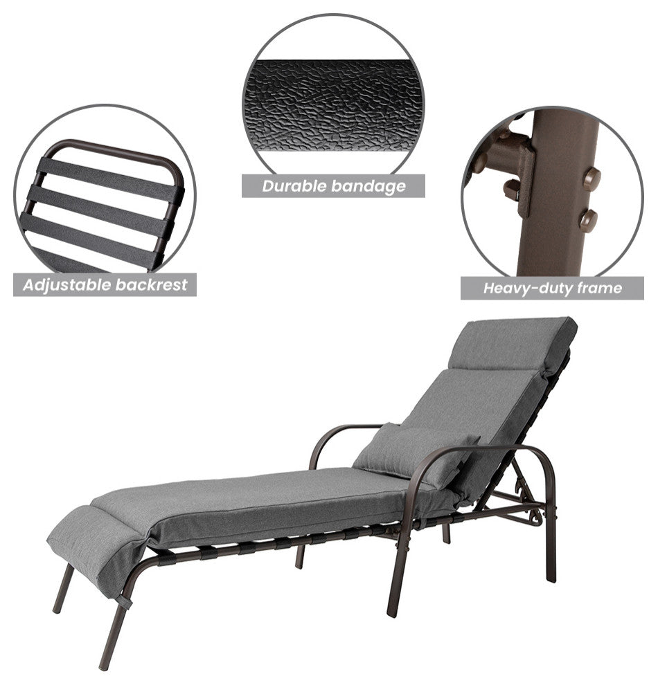 Set of 2 Adjustable Chaise Lounge Chair with Cushion & Pillow, Dark Gray