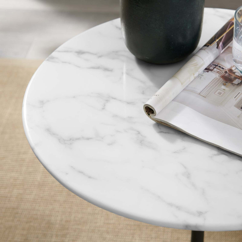 Sofa Side Table, Round, White Black, Artificial Marble, Metal, Modern