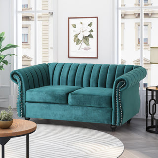 Bauman Modern Glam Channel Stitch Loveseat with Nailhead Trim, Teal + Dark Brown, Velvet