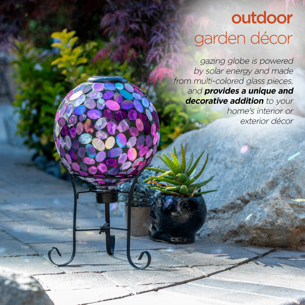 Solar Powered Pink Glass Mosaic Gazing Globe with LED Lights and Metal Stand
